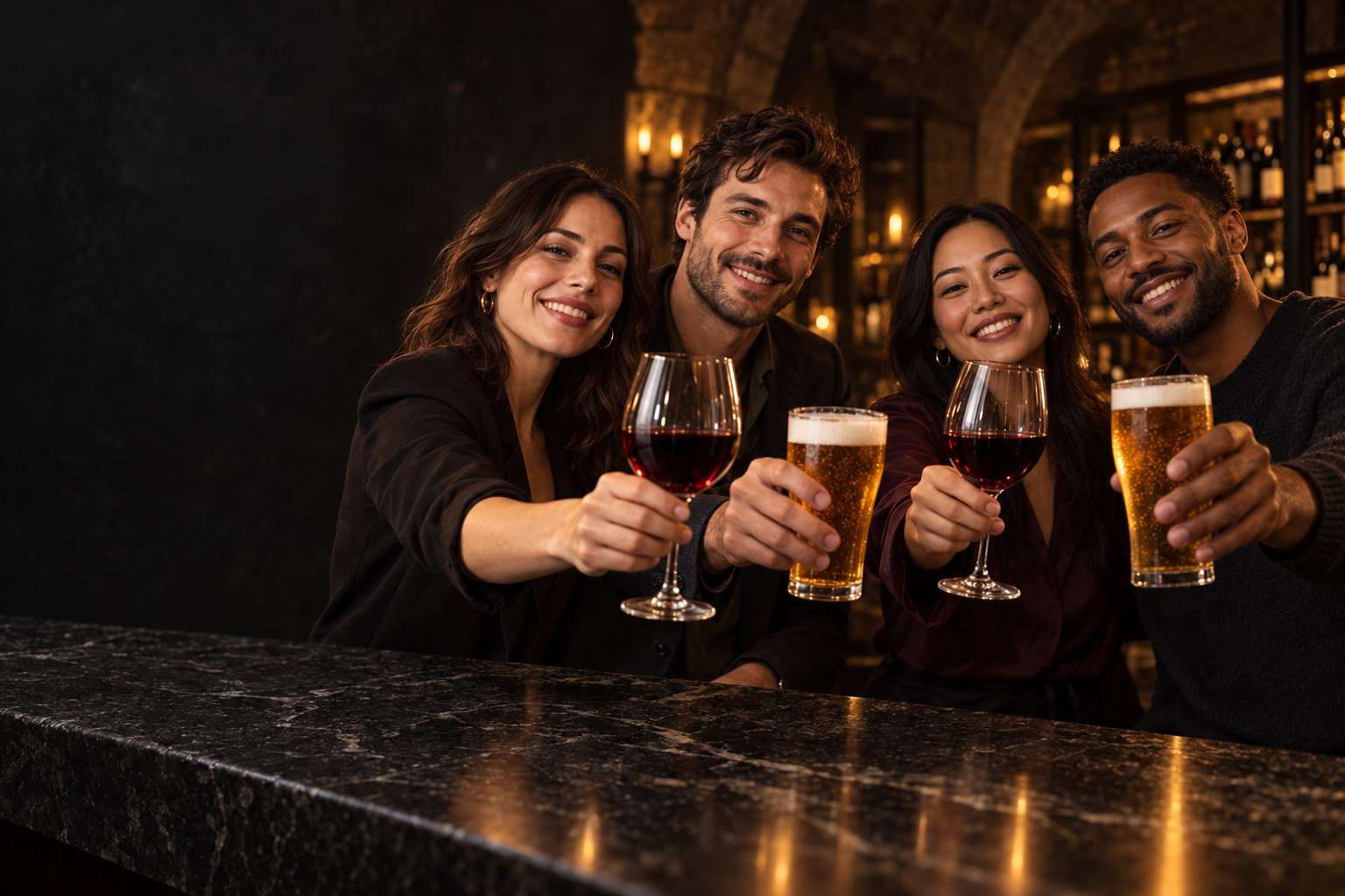 Quatre jeunes adultes souriants trinquent avec du vin et de la bière face à la caméra