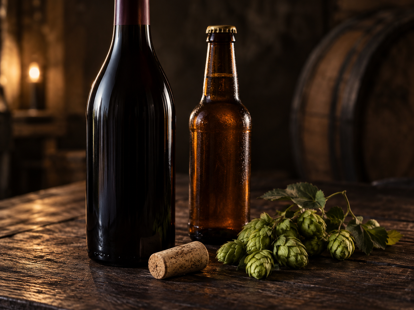 Bouteilles de vin et de bière, bouchon et houblon sur une table en bois